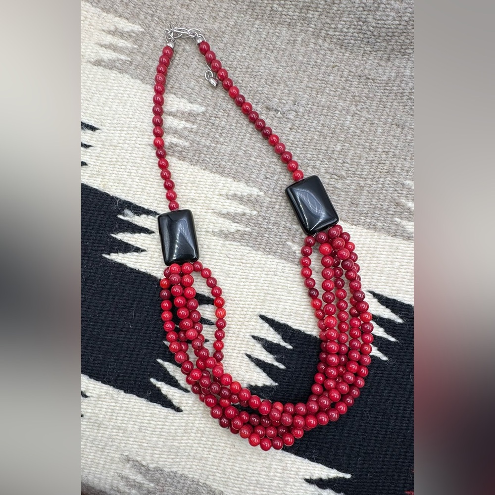Jay King Sterling Silver Natural Red Coral Onyx Multi Strand Beaded Necklace